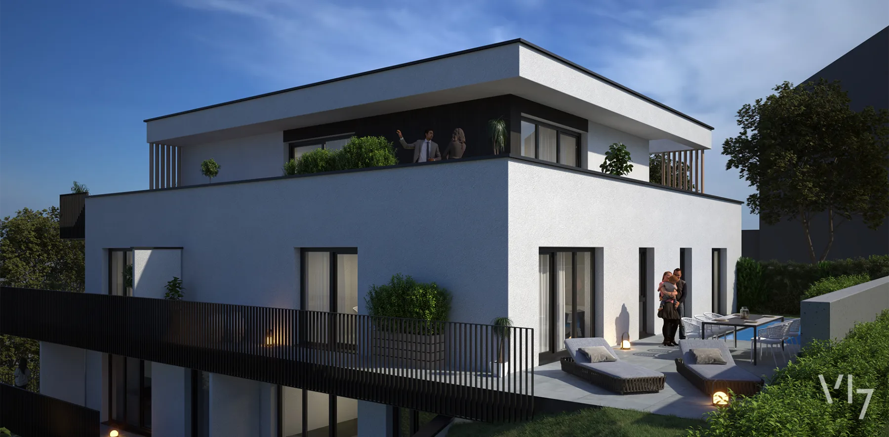 Villa am Abend — vi7 3D-Visualisierung